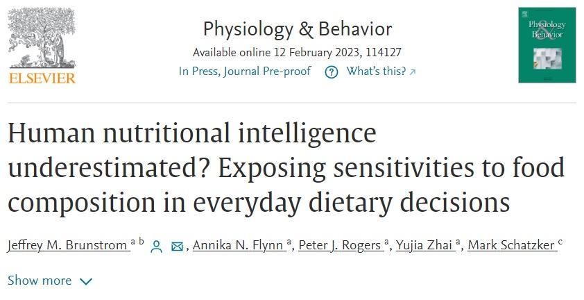 To access the paper by Brunstrom and colleagues (2023) entitled “Human nutritional intelligence underestimated? Exposing sensitivities to food composition in everyday dietary decisions” please click on the image.